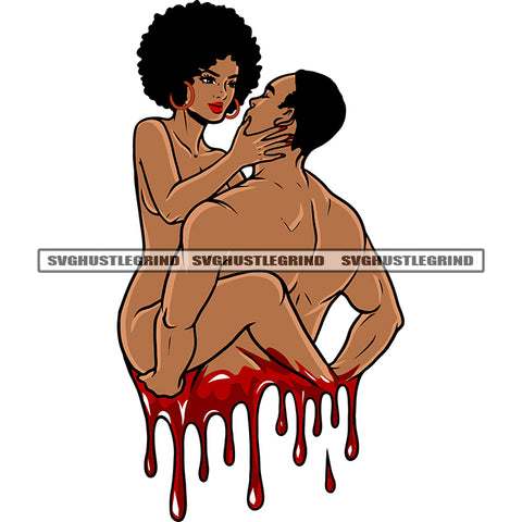 Naked African American Couple Romantic Pose Hug Each Other Afro Bald Head Man Sexy Pose Red Color Heart Blood Dripping SVG JPG PNG Vector Clipart Cricut Silhouette Cut Cutting