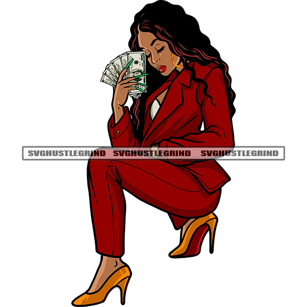 Gangster African American Sexy Woman Sitting Pose Hand Holding Money Note Curly Long Hairstyle Design Element White Background SVG JPG PNG Vector Clipart Cricut Silhouette Cut Cutting