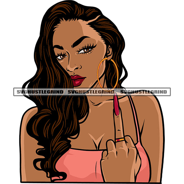 Black Afro Woman Showing Middle Finger Long Nail Curly Long Hairstyle Design Element Wearing Hoop Earing White Background SVG JPG PNG Vector Clipart Cricut Silhouette Cut Cutting