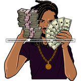 Gangster African American Man Hand Holding Money Note And Money Bundle Wearing Chain Afro Woman Angry Face Design Element Locus Hairstyle SVG JPG PNG Vector Clipart Cricut Silhouette Cut Cutting