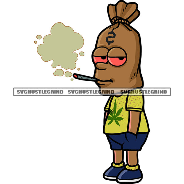 Funny Money Bag Cartoon Character Standing Smoking Marijuana Weed Leave On T-Shirt Money Bag Head Cartoon Eyes Red SVG JPG PNG Vector Clipart Cricut Silhouette Cut Cutting