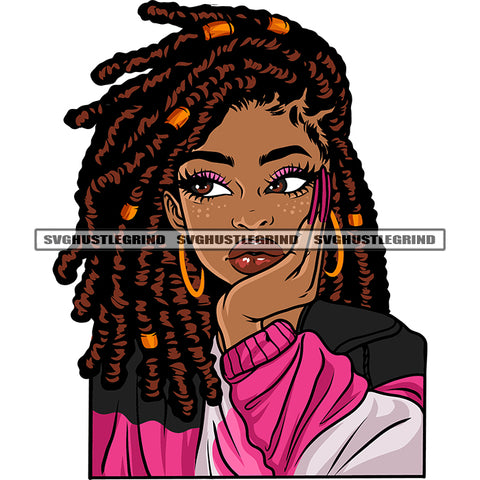 Thinking Pose African American Girls Face Design Element Locus Hairstyle Wearing Hoop Earing Vector White Background SVG JPG PNG Vector Clipart Cricut Silhouette Cut Cutting