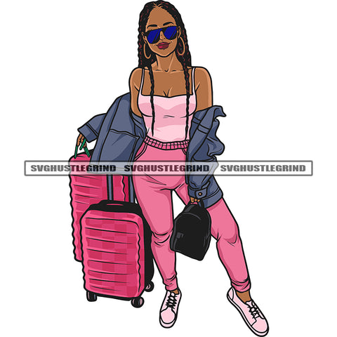 African American Girls Wearing Sunglass Hoop Earing Hand Holding Traveling Bag Long Hairstyle Design Element Afro Girls Smile Face SVG JPG PNG Vector Clipart Cricut Silhouette Cut Cutting