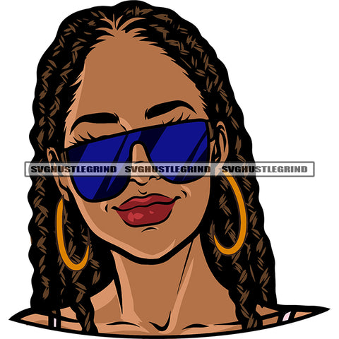 Gangster African American Woman Smile Face Wearing Sunglass And Hoop Earing Red Color Lop Afro Girls Locus Hairstyle Design Element SVG JPG PNG Vector Clipart Cricut Silhouette Cut Cutting