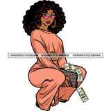 Black Afro Woman Sitting Pose Hand Holding Full Loaded Money Bag African American Woman Wearing Hoop Earing And Sunglass Design Element White Background SVG JPG PNG Vector Clipart Cricut Silhouette Cut Cutting