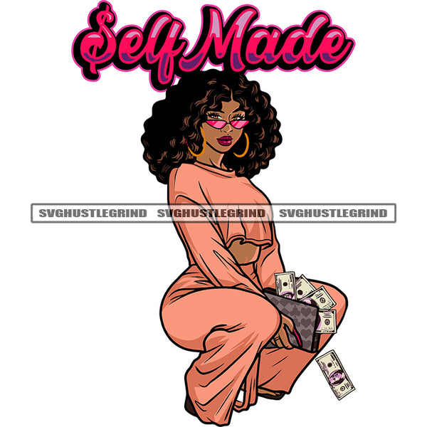 Self Made Quote Black Afro Woman Sitting Pose Hand Holding Full Loaded Money Bag African American Woman Wearing Hoop Earing And Sunglass Design Element White Background SVG JPG PNG Vector Clipart Cricut Silhouette Cut Cutting