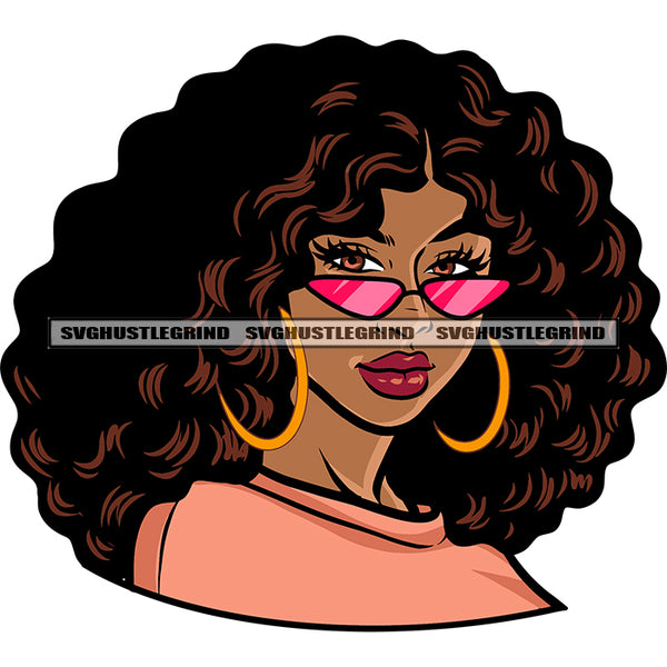 African American Woman Wearing Sunglass And Hoop Earing Curly Puffy Hairstyle Afro Sexy Girls Face Design Element SVG JPG PNG Vector Clipart Cricut Silhouette Cut Cutting