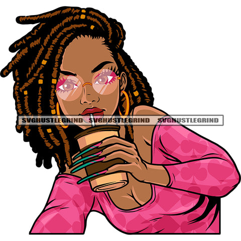 Sexy African American Girls Hand Holding Coffee Mug Afro Girls Wearing Sunglass And Hoop Earing Locus Hairstyle Long Nail Design Element SVG JPG PNG Vector Clipart Cricut Silhouette Cut Cutting