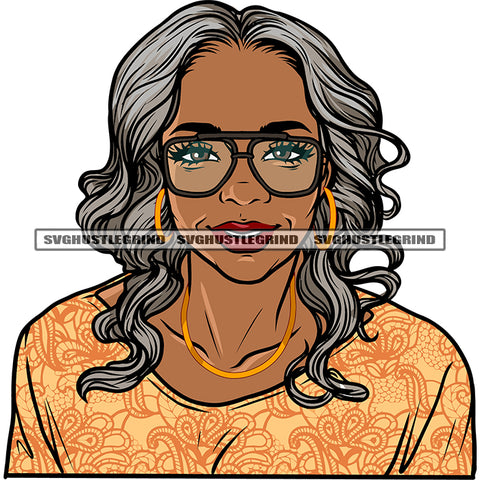 Smile Face African American Gangster Woman Face Design Element Old Woman Wearing Sunglass And Hoop Earing White Color Hairstyle SVG JPG PNG Vector Clipart Cricut Silhouette Cut Cutting