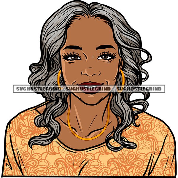 Smile Face Old African American Woman Face Design Element Wearing Hoop Earing Curly White Color Hairstyle White Background SVG JPG PNG Vector Clipart Cricut Silhouette Cut Cutting
