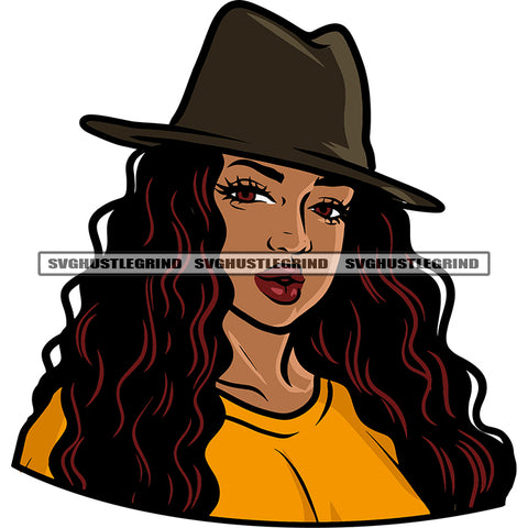 Gangster African American Woman Wearing Cowboy Hat Curly Long Hairstyle And Afro Woman Half Body Smile Face Design Element SVG JPG PNG Vector Clipart Cricut Silhouette Cut Cutting