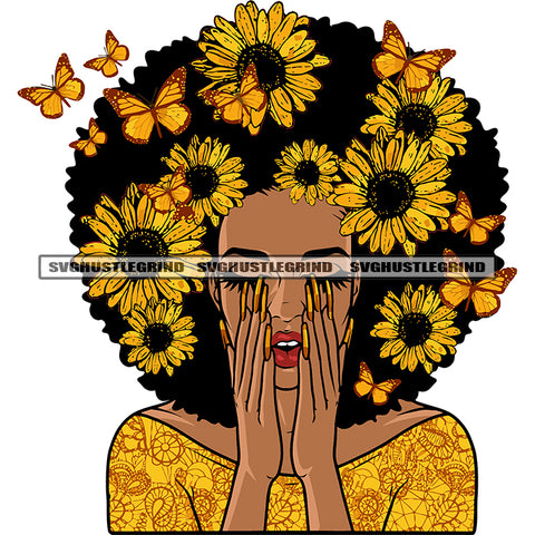 Afro Woman Hide Face On His Hand Lot Of Sunflower On Body And Head Butterfly Flying Long Nail Design Element White Background SVG JPG PNG Vector Clipart Cricut Silhouette Cut Cutting