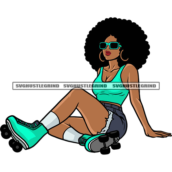 Afro Woman Wearing Rolling Shoes Roller Skaters African American Woman Sitting Pose Puffy Hairstyle Design Element SVG JPG PNG Vector Clipart Cricut Silhouette Cut Cutting