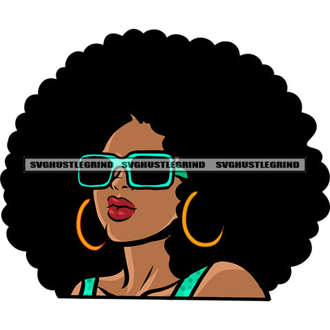 African American Cute Face Woman Wearing Sunglass And Hoop Earing Puffy Hairstyle Design Element White Background SVG JPG PNG Vector Clipart Cricut Silhouette Cut Cutting