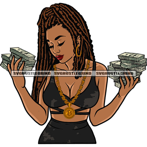Sexy African American Girls Hand Holding Money Bundle Locus Long Hairstyle Design Element Afro Girls Wearing Hoop Earing Close Eyes SVG JPG PNG Vector Clipart Cricut Silhouette Cut Cutting