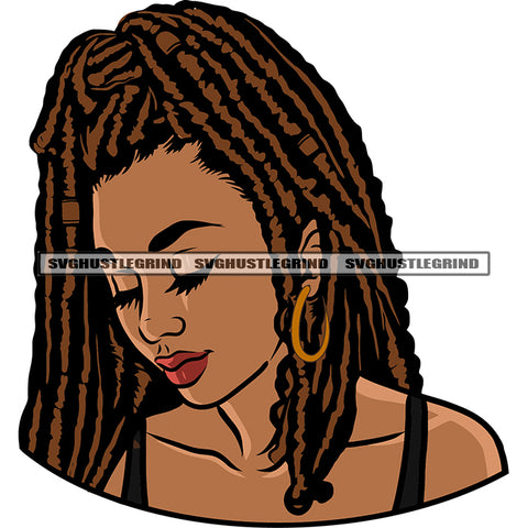 Gangster Afro Girls Close Eyes Locus Hairstyle African American Girls Wearing Hoop Earing White Background Design Element SVG JPG PNG Vector Clipart Cricut Silhouette Cut Cutting