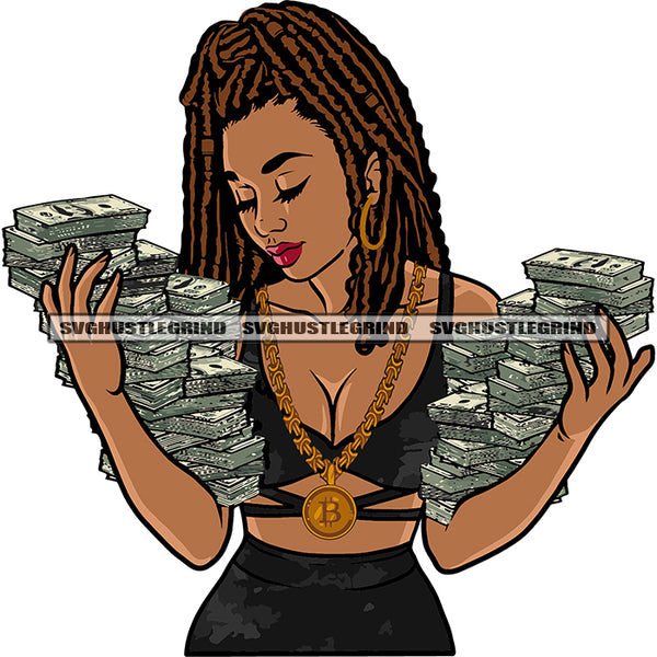 Gangster African American Woman Hand Holding Money Bundle And Locus Long Hairstyle Design Element Close Eyes Afro Girls Wearing Hoop Earing SVG JPG PNG Vector Clipart Cricut Silhouette Cut Cutting