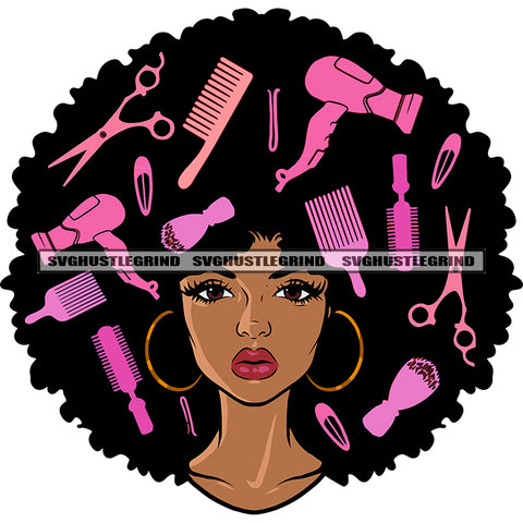 African American Girls Puffy Hairstyle Cute Face Lot Of Parlor Accessories On Head Afro Girls Wearing Hoop Earing Beauty Product SVG JPG PNG Vector Clipart Cricut Silhouette Cut Cutting