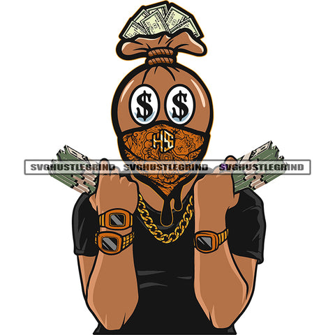 Funny Money Bag Cartoon Character Hand Holding Money Bundle Design Element Dollar Sign On Character Eyes Wearing Watch SVG JPG PNG Vector Clipart Cricut Silhouette Cut Cutting