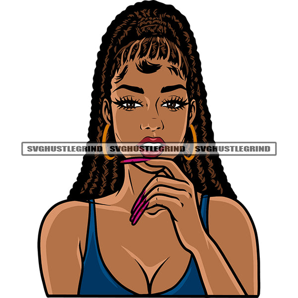 Beautiful African American Woman Bite On His Finger Afro Girls Long Nail And Locus Hairstyle Design Element Wearing Hoop Earing SVG JPG PNG Vector Clipart Cricut Silhouette Cut Cutting