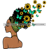 African American Beautiful Girls Side Face Design Element Lot Of Butterfly And Sunflower Flaying Afro Girls Close Eyes Wearing Hoop Earing Design Element SVG JPG PNG Vector Clipart Cricut Silhouette Cut Cutting