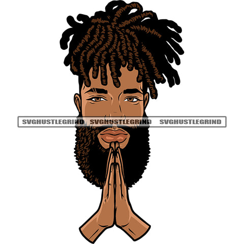 Hard Praying Hand Gangster African American Man Face Bard Long Style Afro Man Locus Hairstyle Design Element White Background SVG JPG PNG Vector Clipart Cricut Silhouette Cut Cutting