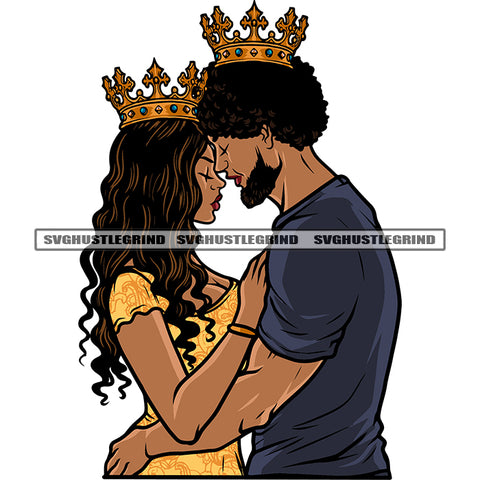 Romantic Couple African American Couple Hug Each Other Crown On Head Close Eyes Curly Hairstyle Design Element White Background SVG JPG PNG Vector Clipart Cricut Silhouette Cut Cutting