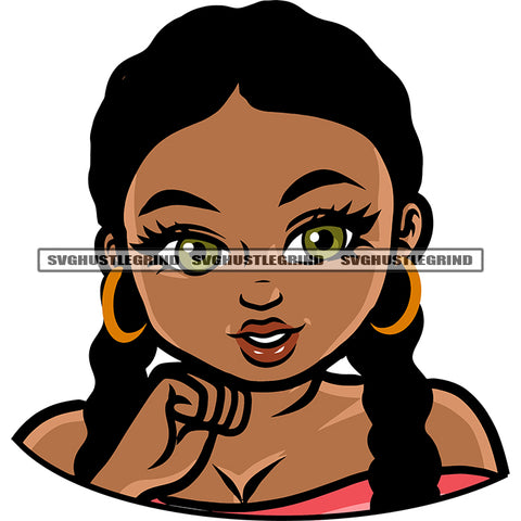 Smile Face African American Girls Long Hairstyle Wearing Hoop Earing Vector Design Element White Background SVG JPG PNG Vector Clipart Cricut Silhouette Cut Cutting