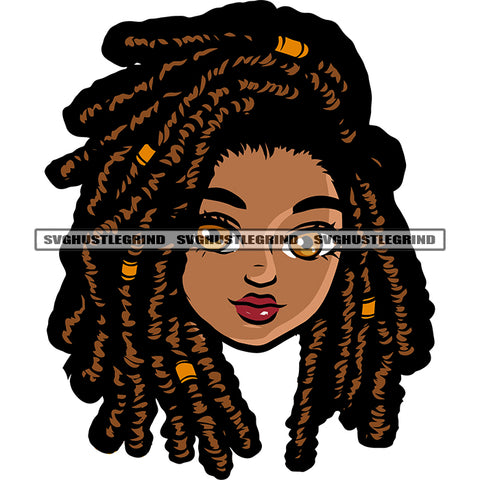 Smile Face Locus Long Hairstyle African American Girls Face Design Element Beautiful Black Afro Girls White Background SVG JPG PNG Vector Clipart Cricut Silhouette Cut Cutting