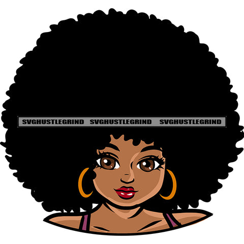 Gangster African American Puffy Hairstyle Girls Smile Face Design Element White Background Wearing Hoop Earing SVG JPG PNG Vector Clipart Cricut Silhouette Cut Cutting