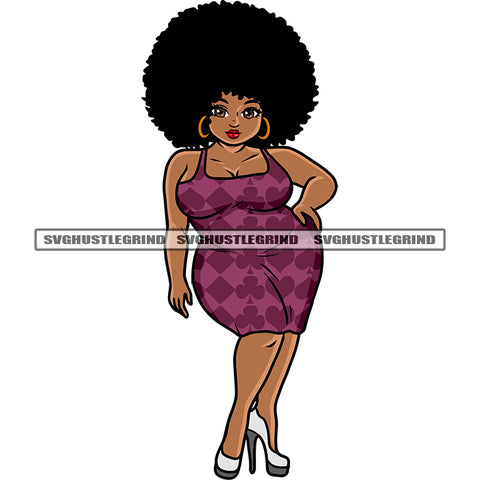 Plus Size African American Girls Smile Face Standing Design Element Puffy Hairstyle And Wearing Hoop Earing White Background SVG JPG PNG Vector Clipart Cricut Silhouette Cut Cutting