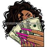 African American Woman Hide Face On Money Note Design Element Afro Woman Long Nail And Curly Hairstyle SVG JPG PNG Vector Clipart Cricut Silhouette Cut Cutting