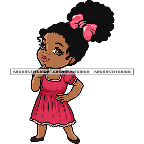 Cute Afro Baby Girls Standing Thinking Pose Wearing Beautiful Dress Afro Short Hairstyle African American Baby Girls SVG JPG PNG Vector Clipart Cricut Silhouette Cut Cutting