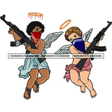 African American Angle Hand Holding Gun And Afro Angle Flying Design Element Wearing Face Mask Crown On Head White Background SVG JPG PNG Vector Clipart Cricut Silhouette Cut Cutting