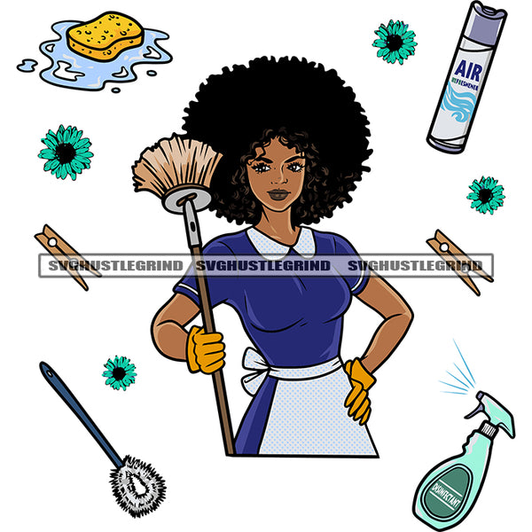 African American Cleaner Woman Hand Holding Brush Smile Face Design Element Puffy Hairstyle Cleaner Item SVG JPG PNG Vector Clipart Cricut Silhouette Cut Cutting
