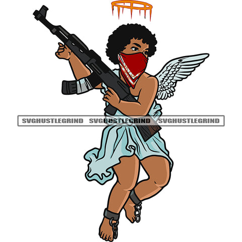 Angry Face African American Baby Angle Hand Holding Gun Girls Angle Flying Design Element Wearing Face Mask White Background SVG JPG PNG Vector Clipart Cricut Silhouette Cut Cutting