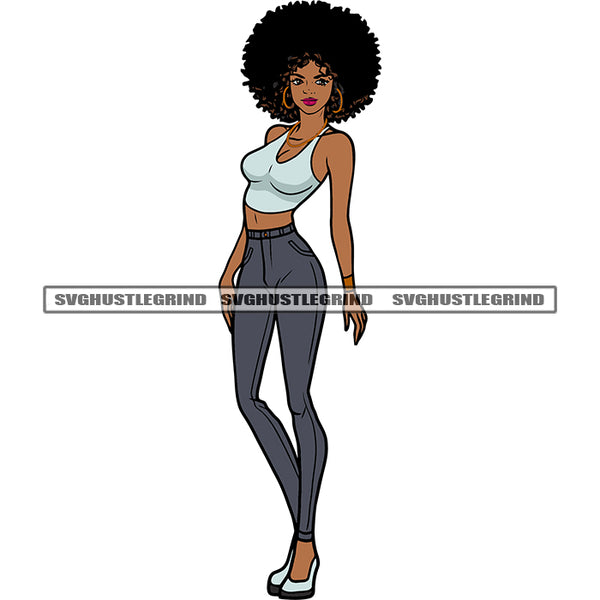 Slim Body African American Woman Standing Afro Hairstyle Design Element Sexy Pose Smile Face White Background SVG JPG PNG Vector Clipart Cricut Silhouette Cut Cutting