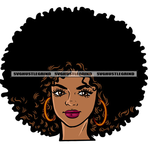 African American Woman Smile Face Wearing Hoop Earing Afro Puffy Hairstyle Afro Black Woman Design Element White Background SVG JPG PNG Vector Clipart Cricut Silhouette Cut Cutting