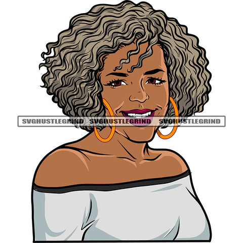 Smile Face African American Old Woman Face Design Element White Color Hairstyle Wearing Hoop Earing White Background SVG JPG PNG Vector Clipart Cricut Silhouette Cut Cutting