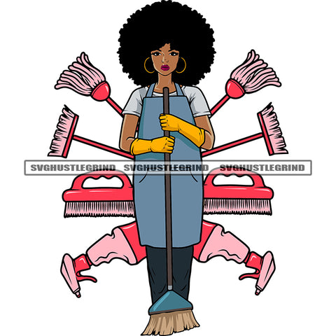 African American Cleaner Woman Standing And Hand Holding Brush Design Element Afro Hairstyle Lot Of Cleaner Accessories Holding SVG JPG PNG Vector Clipart Cricut Silhouette Cut Cutting