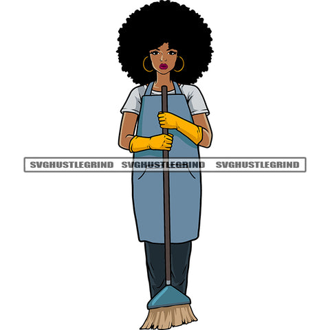 Cleaner Woman Hand Holding Long Brush And Afro Hairstyle Wearing Hoop Earing Design Element White Background Puffy Hairstyle SVG JPG PNG Vector Clipart Cricut Silhouette Cut Cutting