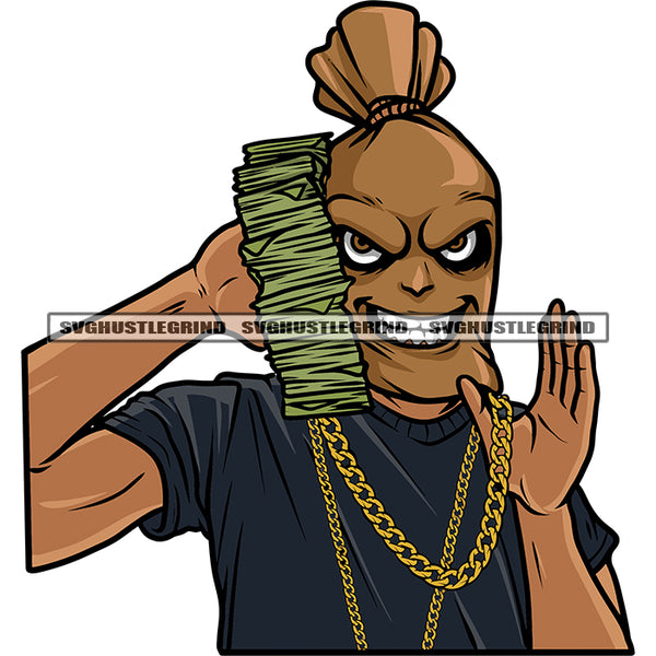 Funny Money Bag Cartoon Character Hand Holding Money Bundle And Golden Chain Design Element Afro Money Bag Smile Face White Background SVG JPG PNG Vector Clipart Cricut Silhouette Cut Cutting