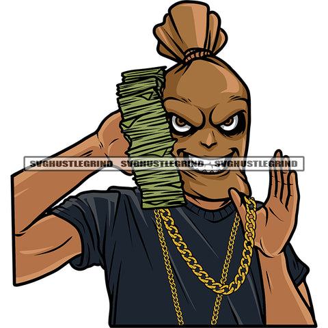 Funny Money Bag Cartoon Character Hand Holding Money Bundle And Golden Chain Design Element Afro Money Bag Smile Face White Background SVG JPG PNG Vector Clipart Cricut Silhouette Cut Cutting