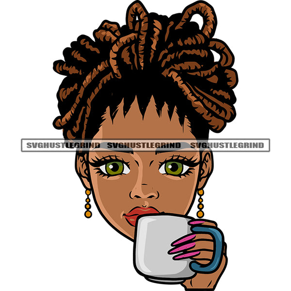 African American Gangster Girl Hand Holding Coffee Mug Long Nail Design Element Locus Hairstyle White Background SVG JPG PNG Vector Clipart Cricut Silhouette Cut Cutting