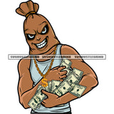 Smile Face Money Bag Cartoon Character Hand Holding Lot Of Money Note Wearing Chain And Watch White Background SVG JPG PNG Vector Clipart Cricut Silhouette Cut Cutting