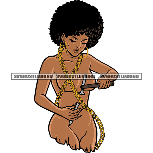 Naked Gangster African American Woman Hand Holding Hammer Wearing Golden Chain And Hoop Earing Design Element Puffy Hairstyle SVG JPG PNG Vector Clipart Cricut Silhouette Cut Cutting