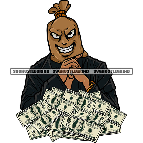 Money Bag Cartoon Character Sitting Pose Smile Face Lot Of Money Note Design Element White Background SVG JPG PNG Vector Clipart Cricut Silhouette Cut Cutting