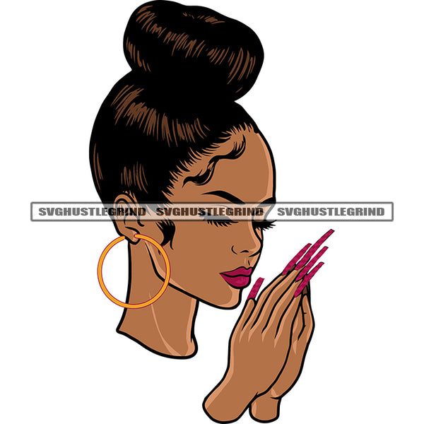 Hard Praying Hand African American Woman Close Eyes Design Element Beautiful Face Woman Wearing Hoop Earing Long Nail SVG JPG PNG Vector Clipart Cricut Silhouette Cut Cutting