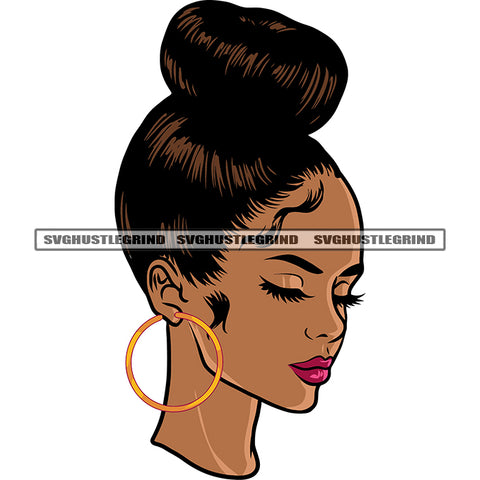 African American Woman Close Eyes Design Element Beautiful Face Woman Wearing Hoop Earing Long Nail SVG JPG PNG Vector Clipart Cricut Silhouette Cut Cutting