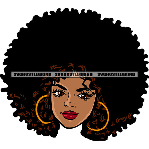 Smile Face Gangster African American Woman Wearing Hoop Earing Puffy Hairstyle Design Element White Background SVG JPG PNG Vector Clipart Cricut Silhouette Cut Cutting